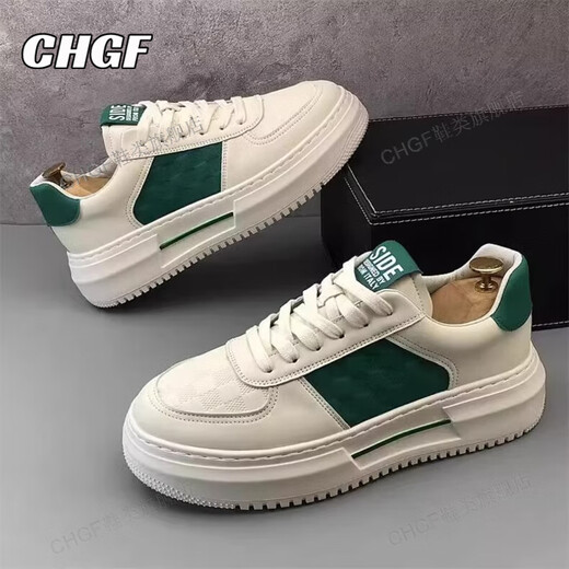 Zapatos de altura de CHGF para hombres en primavera y verano zapatos de tablero transpirable para hombres zapatos blancos versátiles zapatos casuales para hombres zapatos invisibles para mejorar la altura para hombres 9906 blanco y verde [superficie de cuero] altura de aumento de 8 cm 40 (tamaño deportivo)