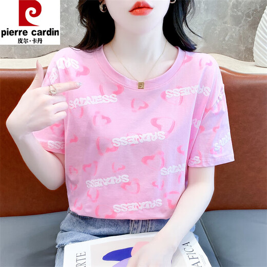Pier Cardin pure. Cotton pink short-sleeved T-shirt for women's letter printing design versatile new loose summer niche top 838# green S suitable for 80-99Jin [Jin equals 0.5 kg]