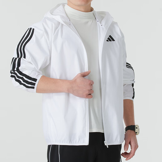 阿迪达斯（adidas）2025春季新款三条纹防风衣男连帽夹克运动服外套白色 JF3682 3XL