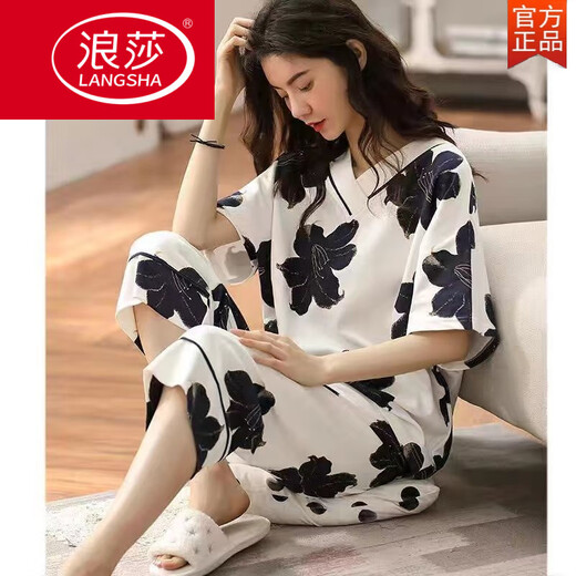 浪莎（LangSha）2025年最新款睡衣女夏季纯棉短袖七分裤家居服全棉薄款可外穿套装 A9885【短-裤套】 Z9855 M 【建议75-95斤】