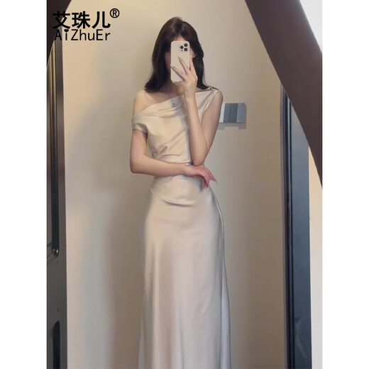 Aizhuer Temperamento francés Flote de alta gama Dress Dress-Hoister Pack Hip Acetate Satin Vestido de banquete de mujer Beige S BEIGE