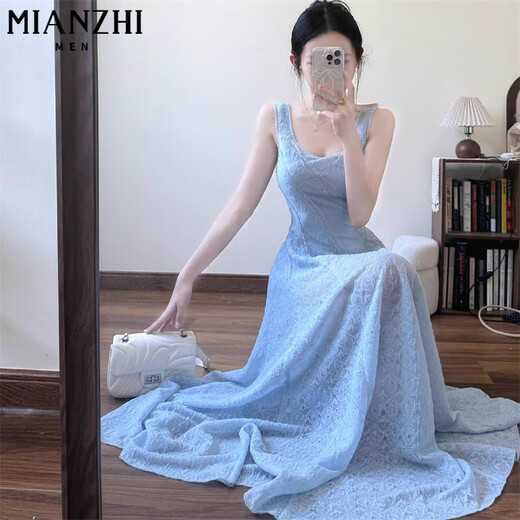 Vestido de suspensión azul francés de algodón para mujeres en verano 2025 Nuevo abrazadera de cintura y vacaciones de alta gama Falda larga Azul [408 Alta calidad 36.5] m 90-100Jin [Jin equivale a 0.5 kg]