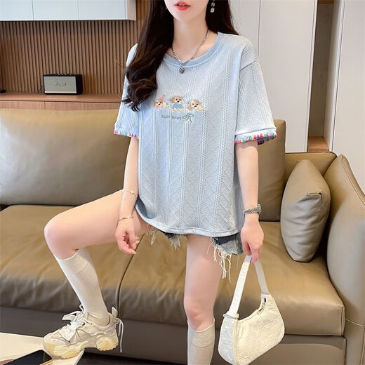 AEMAPE夏装女装刺绣白色短袖T恤女2025新款夏季小个子上衣夏天衣服 KM9277-蓝色 M 建议80-110斤