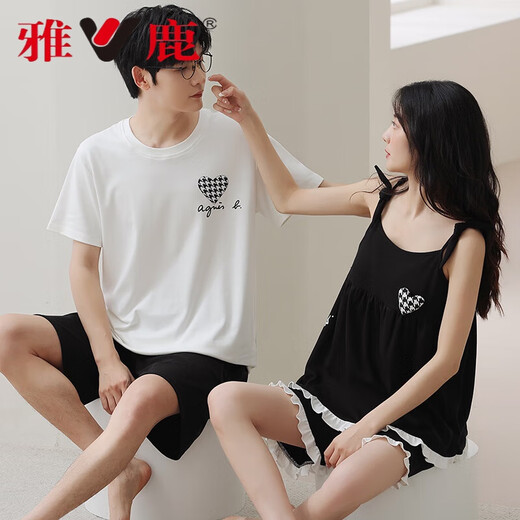 雅鹿情侣睡衣男夏季款纯棉短袖薄款休闲吊带睡衣女家居服春夏两件套装 Q9902 L 女XL男