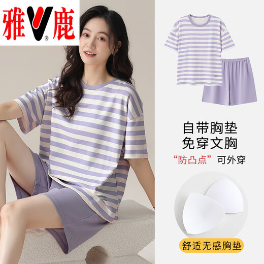 雅鹿棉质短袖睡衣女夏季薄款带胸垫甜美少女学生圆领夏天家居服 短//袖短//裤：B12241 2XL 女125-140斤】