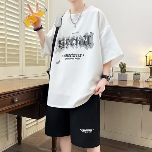 夏季新款短袖t恤男初中高中学生运动套装青少年潮流帅气大童夏装 NZJ-6626浅蓝色(上衣+短裤) 4XL 160至175斤