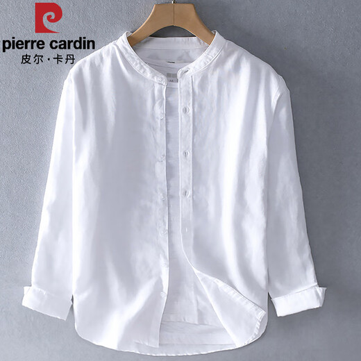 皮尔卡丹（pierre cardin）春夏季亚麻衬衫外套男长袖宽松休闲棉麻衬衣薄款上衣复古麻布衣服 YY9207白色 M 120斤以内