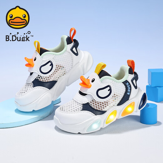 B.Duck little yellow duck children's shoes boys' sneakers 2025 summer new style children's lighting shoes luminous baby shoes mesh 831 white and blue (summer single-net breathable model) size 28 suitable for foot length 17.1-17.6cm