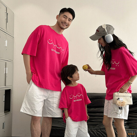 G.duck little yellow duck parent-child wear summer 2025 new style family of three or four full family wear short-sleeved T-shirt suit mother and daughter wear rose red smiling face short-sleeved 150 recommended for 11~12 years old 140-150cm cm