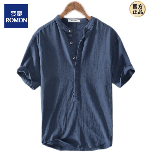 ROMON Henry collar linen short-sleeved shirt men's collarless men's cotton and linen shirt t-shirt top polo shirt summer Chinese style light blue 2XL suitable for 145-160Jin Jin equals 0.5 kg left