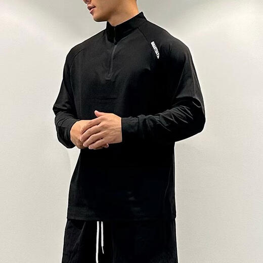 OLOEY fitness long-sleeved men's loose elastic half-zip sports t-shirt American running spring and autumn basketball training cycling jersey carbon gray M