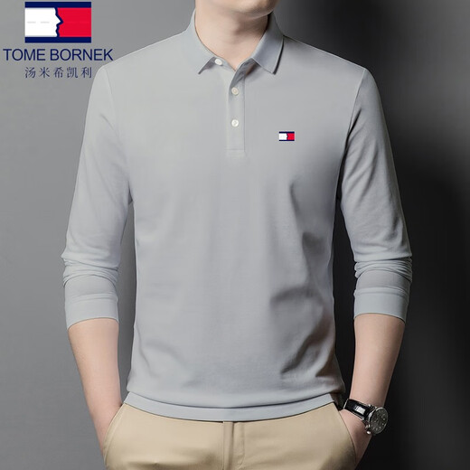 TOME BORNEK Tommy flagship model 2025 spring and autumn men's long-sleeved lapel T-shirt solid color middle-aged casual short-sleeved polo shirt sapphire blue long-sleeved 23239 4XL 195/58 recommended 185-200Jin Jin equals 0.5 kg