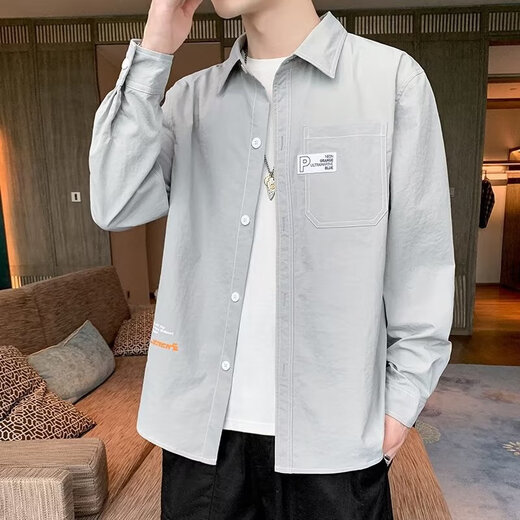 恺吉锐2025春夏季衬衫男士长袖格子修身休闲衬衫正装男衬衣潮男 浅灰色 9913灰 S 高质量(70-85斤左右)