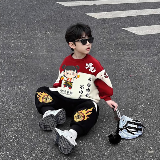 Шол-маскировки Cool Sheep Boy Nezha Set Spesing и осень-стиль 2025 Новый детский модный осенний модный мальчик спортивная одежда с двумя частями Red Lights 100