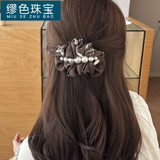 缪色（MiU Se）2025年春夏新款新中式感晕染复古优雅珍珠褶皱顶夹一字弹簧夹 4839-1-黑色珍珠弹簧夹