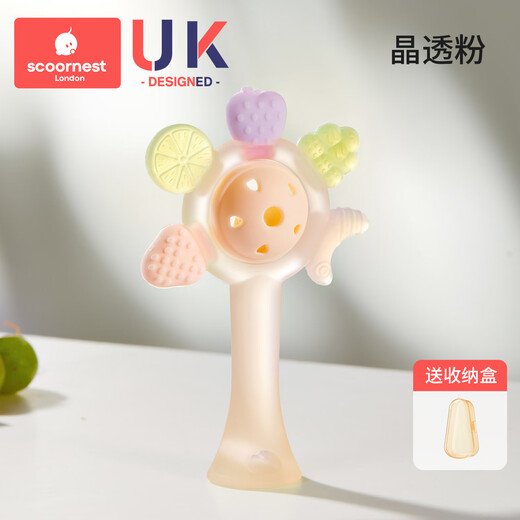 Kechao hand rattle teether baby toy for babies 0 to 6 months and above, newborns can chew on it, hold it for small months, crystal clear powder, free storage box