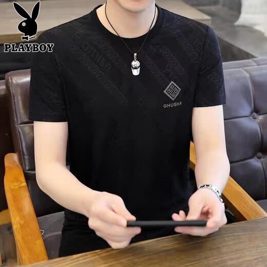 花花公子（PLAYBOY）夏季冰丝短袖t恤男士圆领潮牌高端格子烫钻半袖体恤衫男薄款T 963白色 M