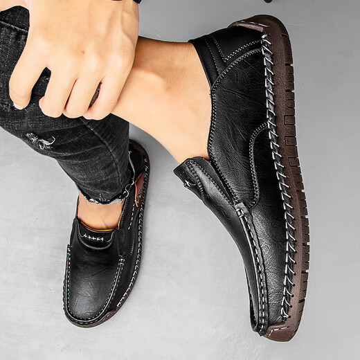 
GY Jinlilai men's casual leather shoes autumn leather one-foot lazy business casual soft leather soft sole bean shoes black [9916 four-season model] 38