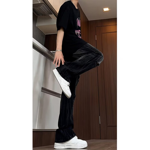 POUM jeans men's summer new washing ripped lightning pattern American retro slim casual pants men TYFS-Y9195 yellow S
