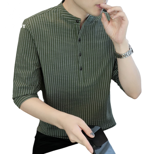 Playboy (Playboy) 7-Viertel-Ärmel T-Shirt Herren Sommer Nationaler Trend Retro Strip Strip STRIGED HALLAR halbärmelte Top Lose Casual Henry Kragen Short Sleeve 7899 Military Green 3xl (ca. 150-165 Jin [Jin gleich 0,5 kg] wearable)