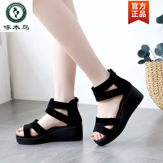 Specht Sommer vielseitige Sandalen für Frauen, Keilhöhlen-Römische Schuhe, nicht rutschende dicke Fischmundschuhe, Frauen mit mittlerer Absätze mit atmungsaktiven kalten Stiefeln, schwarz 34