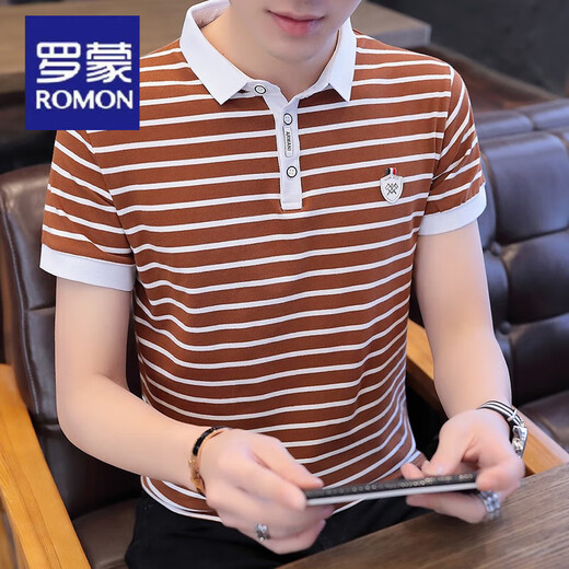 罗蒙（ROMON）纯棉夏季新款男士短袖T恤韩版条纹丅恤POLO衫上衣服潮流半袖体恤 7029短袖白色 M