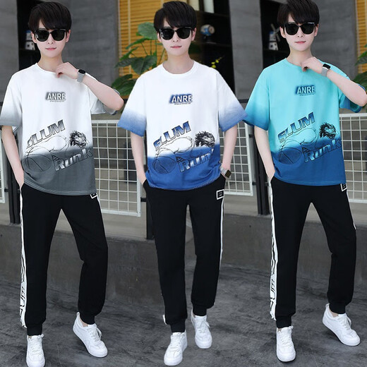 Ruibanglai Summer Teen Short-Sleeved T-Shirt Boy 13-15 Years Old High School Junior High School Students Big Children Summer Clothing Handsome Sports Set xsd-t9226 White and Blue (Top + Pants) XL 115 to 130Jin [Jin equals 0.5 kg]