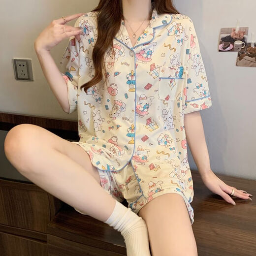 Liushan Pyjamas für Frauen im Sommer neue kurzärmelige Hosen reine Baumwolldünne dreiköpfige süße und niedliche studentische Hauskleidung können außerhalb von FS-14122 Drei-teiliges Set M [75-95] getragen werden