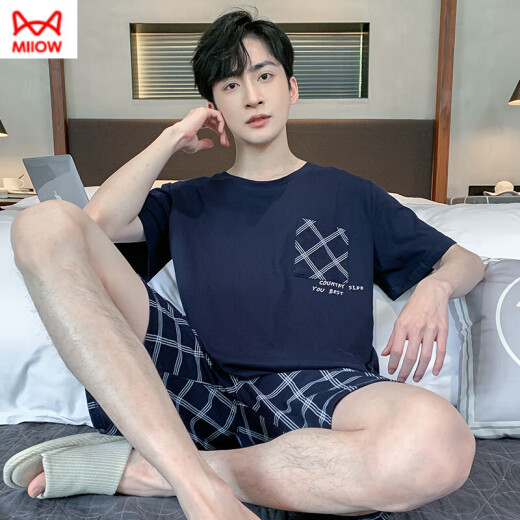猫人（MiiOW）睡衣男夏季纯棉薄款短袖短裤可外穿休闲男士加大码凉感家居服套装 9928# L [建议100-120斤]