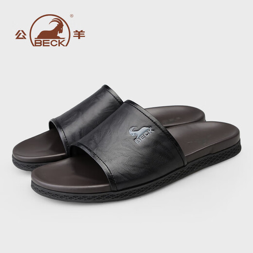 公羊一字拖鞋男高端夏季新款外穿真皮软皮软底男士凉拖 黑色  40 