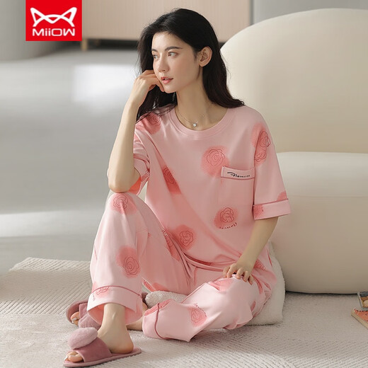 猫人（MiiOW）睡衣女夏季纯棉短袖长裤薄款纯棉夏天女士家居服套装春秋季 YZT9712主图款 短袖长裤 M 80-100斤