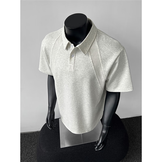 Jufeng space cotton American polo shirt men's high-end splicing heavyweight T-shirt Henry collar boxy gray shoulder short sleeves light gray upgraded version 90% of buyers choose M Recommended 105-120 Jin Jin equals 0.5 kg