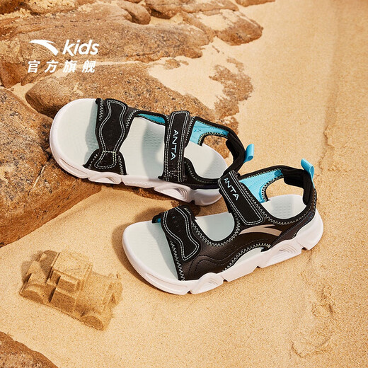 ANTA Children's Sandals Men's Big Children's Shoes 2025 Summer New Velcro Outdoor Open-Toe Soft Elastic Beach Shoes Black/Lake Blue-3 40