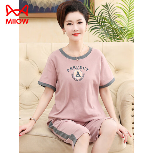 
Catman (MiiOW) pajamas for women in summer pure cotton short-sleeved cropped pants middle-aged and elderly mothers for summer round neck cardigan plus size home clothing 6626# [cardigan style] XL [Suggested 120-140Jin [Jin equals 0.5 kg]]