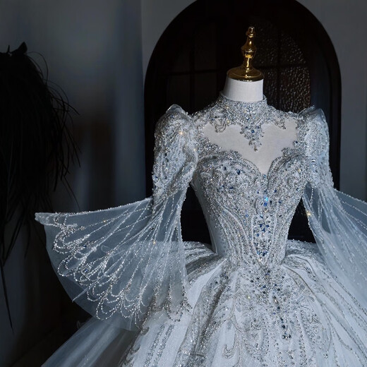 Kangmeishi Palaststil High-End-Hochzeitskleid Tailing French 2024 Braut Neue Stil Big Textur 2025 Langarmes Hauptgarn weißes Hochzeitskleid plus dreiteiliges Set L 110Jin [Jin ist gleich 0,5 kg]