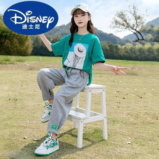 Traje de verano de Disney Girls Failable y de moda para niñas de moda de 12 a 15 años de niños Moda de dos piezas Top verde de verano + Pantalones grises 677 150