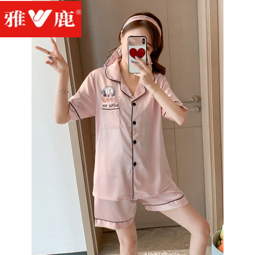 雅鹿睡衣女冰丝短袖薄款家居服网红2024年新大码夏天套装 GN-双短 9207 M 建议80-100斤)