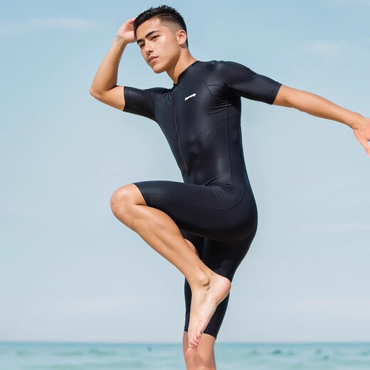 TOIXI BRORY one-piece swimsuit men's suit professional quick-drying short-sleeved outdoor sports sunscreen jellyfish diving swimsuit comfortable and breathable black non-slip rubber band L recommended weight 116-130Jin Jin equals 0.5 kg
