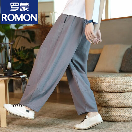 罗蒙（ROMON）中国风男装亚麻长裤子男加肥加大码阔腿灯笼裤春夏棉麻休闲哈伦裤 黑色 2XL (160-170斤左右)