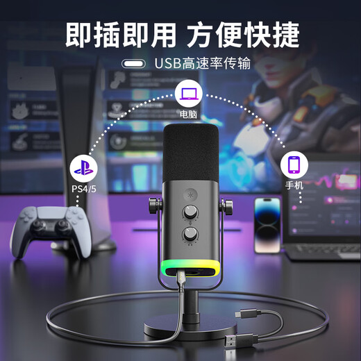 FIFINE dynamic noise reduction USB computer microphone desktop anchor live game recording karaoke video dedicated external sound card desktop RGB radio microphone wired microphone AM8 black
