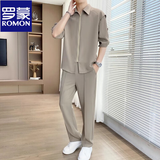 罗蒙（ROMON）冰丝短袖衬衫套装男士夏季休闲轻熟痞帅搭配垂感抗皱西裤男装一套 718米白色(中袖套装) M 90-110斤
