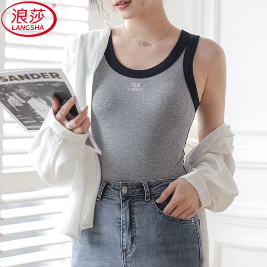LangSha (LangSha) pure cotton with chest pad all-in-one color-blocking vest suspender, versatile summer women's inner wear and outer wear bottoming top, gray fixed one-piece cup L 110-140Jin Jin equals 0.5 kg