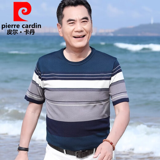 Pierre Cardin Cool Cool Silk Silk Summer Camiseta redonda de cuello redonda de manga corta Papá de mediana edad de manga de manga corta Atentable Top FJ693 Blue gris sin hielo transpirable y sin píldoras 4xl 190 180-200Jin [Jin equivale a 0.5 kg]