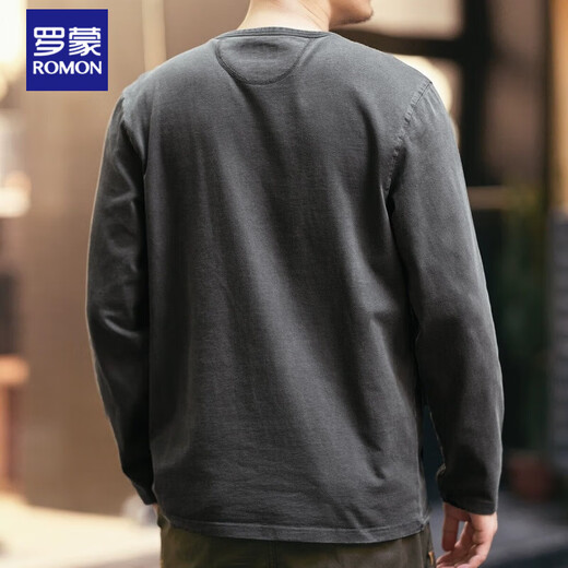 Romon High-End Retro Long Ärmeln T-Shirt Herren 2024 Spring und Herbst Lose Baumwolle Henry Kragen Hemd Hemd Top Charcoal Grey M für 120-140jin [Jin entspricht 0,5 kg] geeignet für 120-140jin [Jin entspricht 0,5 kg]
