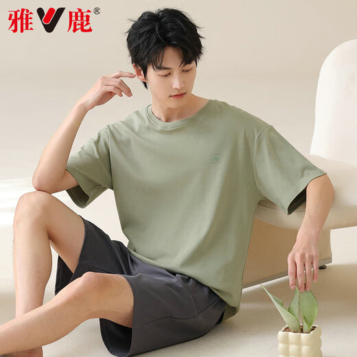 雅鹿男士睡衣男纯棉夏季薄款短袖全棉可外穿休闲大码男生家居服套装 42M13601 3XL 【推荐体重160-180斤】