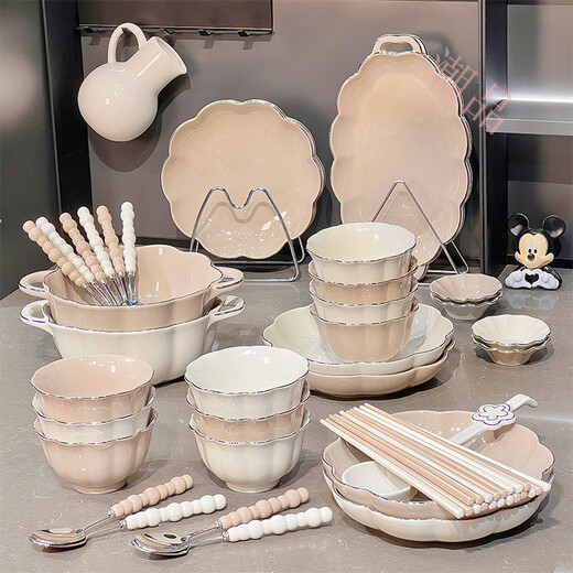 釉下彩碗家用陶瓷盘子碗筷组合乔迁礼物餐具碗盘套装 描金款4-6人食礼盒装1355