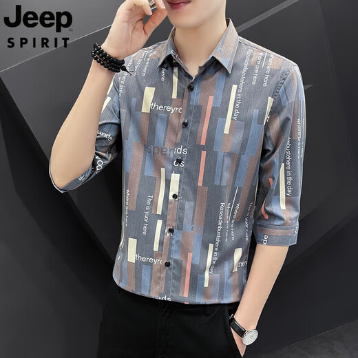 JEEP SPIRIT吉普七分袖衬衫男短袖休闲修身夏季薄款半袖条纹衬衣帅气中袖 679白色 M