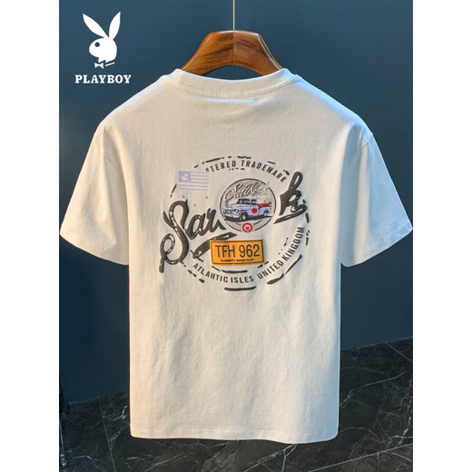 Playboy (Playboy) Camiseta blanca Summer de verano Nuevo tendencia de alta gama Camiseta impresa Luz americana de lujo Xinjiang Algodón cómodo Camiseta de manga corta Camiseta de albaricoque [JSW9906 Color de albaricoque elegante] XL Adecuado para 124-140Jin [Jin iguala 0.5 kg]
