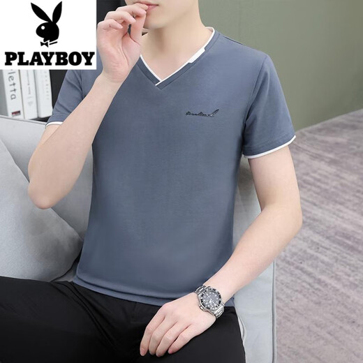 Playboy (Playboy) T-shirt à manches courts de nouveau coton à manches courtes pour hommes à manches courts à manche en V Mlim à moitié à manches décontractées Collit de base de coeur de coeur noir QY694 XL [suggéré 130-140jin [Jin est égal à 0,5 kg]]]