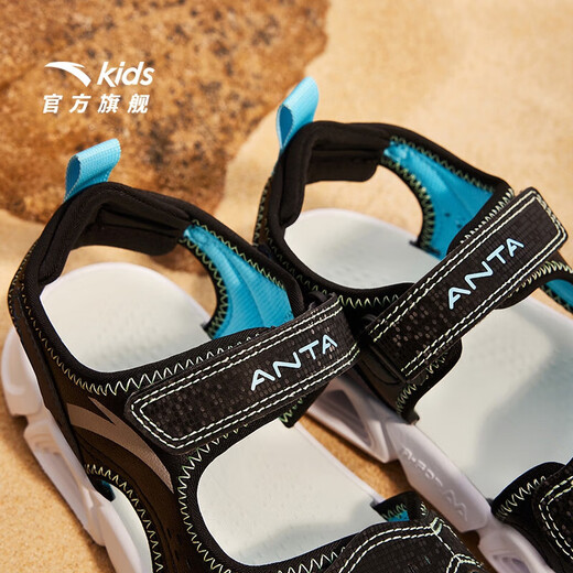 ANTA Children's Sandals Men's Big Children's Shoes 2025 Summer New Velcro Outdoor Open-Toe Soft Elastic Beach Shoes Black/Lake Blue-3 40